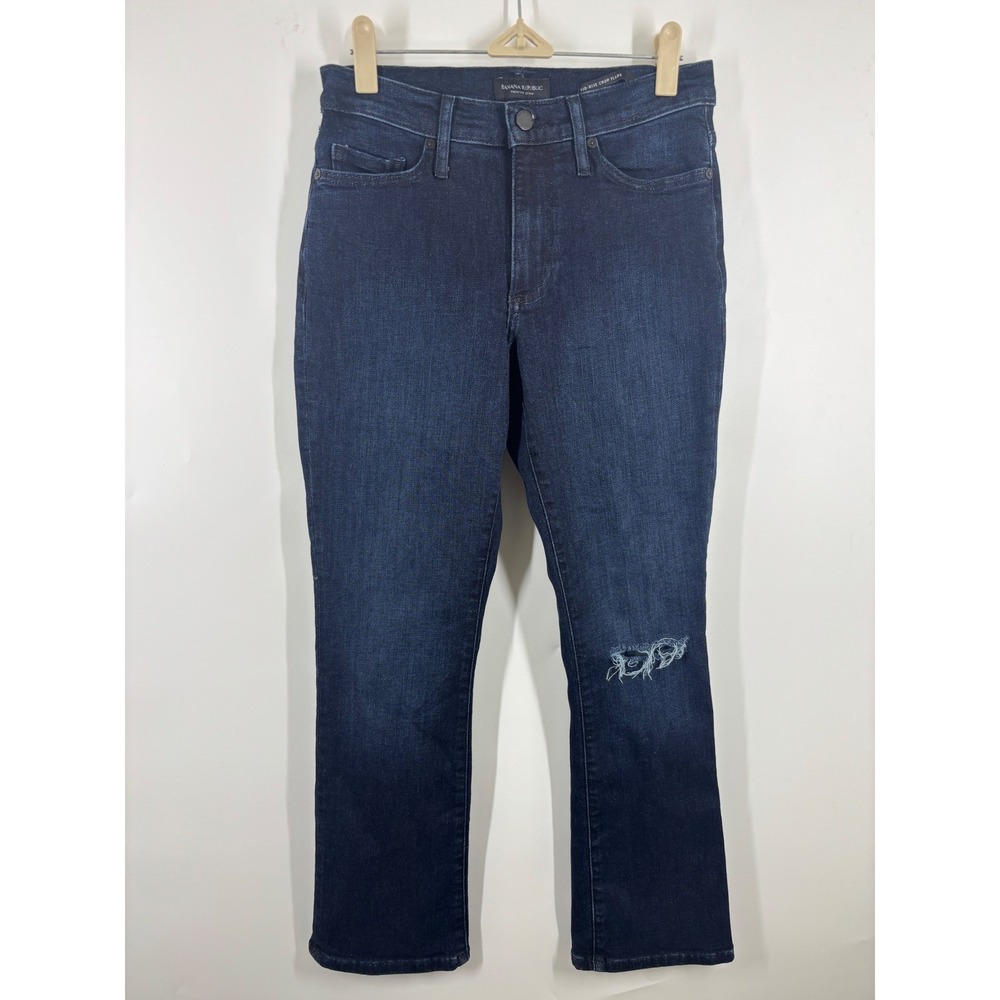 Banana Republic Premium Denim Mid-Rise Crop Flare Jeans Dark Wash Distressed 26